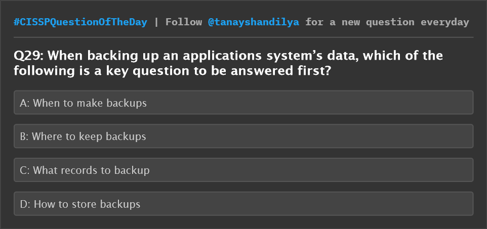 tanayshandilya's tweet image. CISSP Question of the day
#CISSPQuestionOfTheDay #cissp #cisspprep #cisspexam #cisspcertification #cybersecurity #informationsecurity #dataprivacy #womenintech #comptia #securityplus #isaca #maintenance #database #trustedcomputing