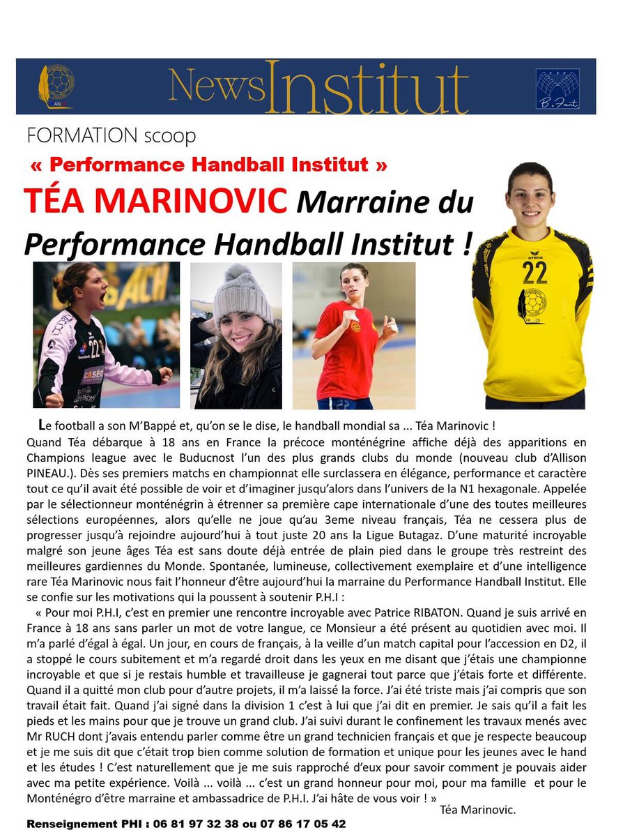 PerformanceHan1's tweet image. Téa Marinovic Marraine du Performance Handball Institut 👍