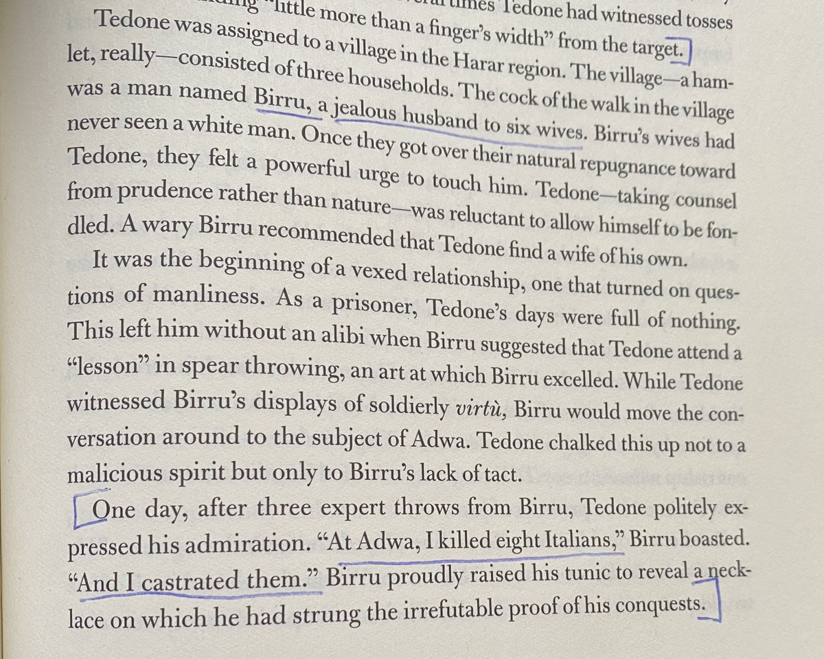 Giovanni Tedone was billeted upon a family near Harar after being captured. He writes about Birru, an Oromo warrior who fought in Adwa who boasted “I killed 8 Italians at Adwa & castrated them!” As he revealed to him a necklace which he strung the castrated trophies.
