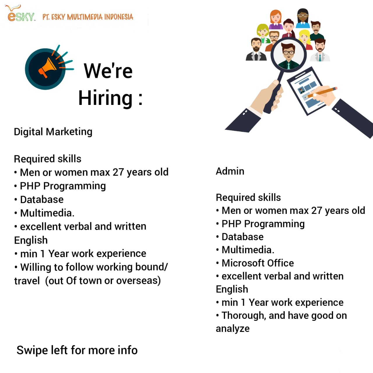 BINUS CAREER on Twitter "Job vacancy PT Esky multimedia Indonesia