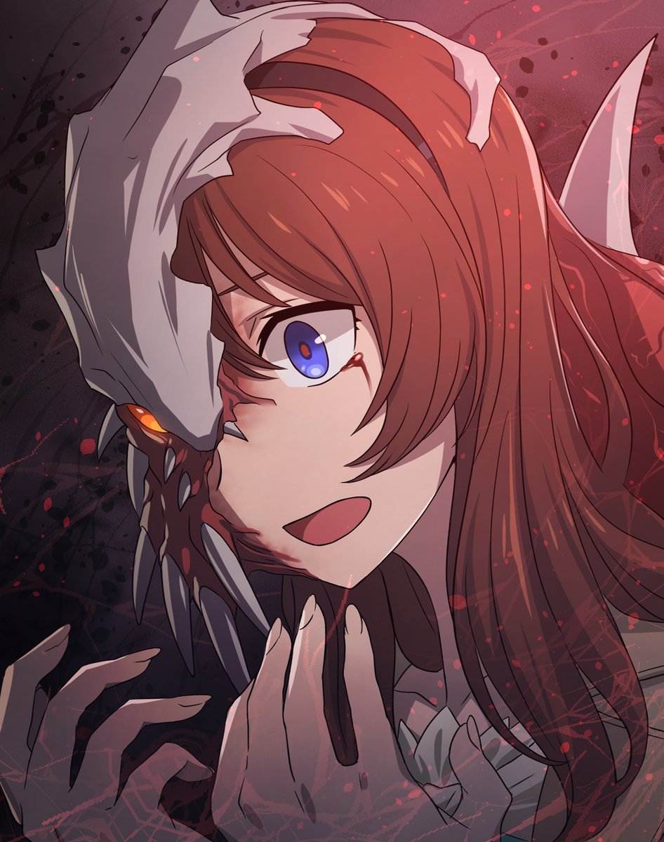 異形化注意 実際の流れは置いといて 顔半分を人外化で覆うの良いなあってらくがき 新機レイヤー 入稿作業中のイラスト