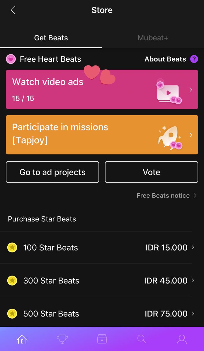 mubeat app, you can log in with your sns. watch ads 15 times a day to gain 45 free heart beats (3 heart beats per 1 video ad). the heart beats will expire 90 days after u received it!
