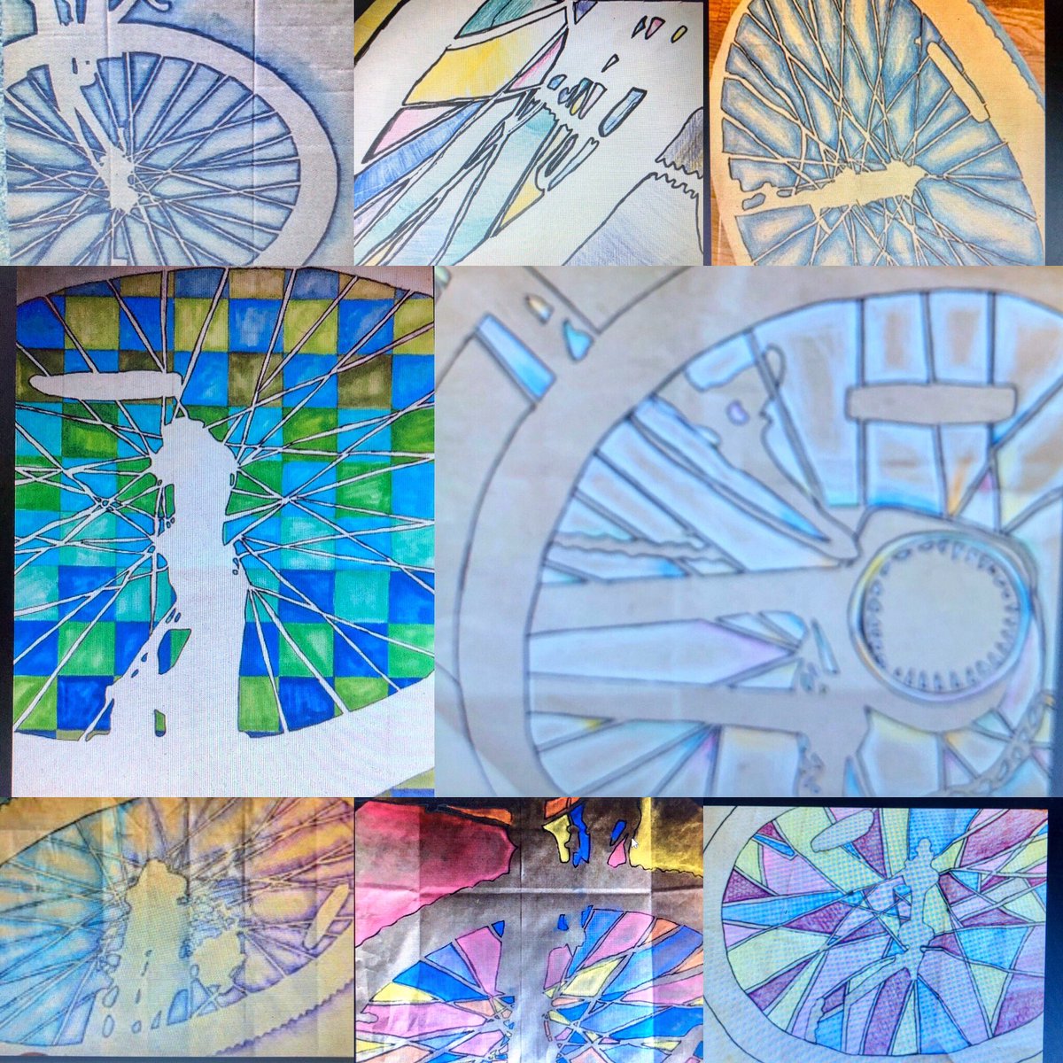 Elearning art assignment by 7th grade. Trace shadow of part of a bicycle (brown bag, box or paper) fill in negative space using any medium and style.  You get some interesting compositions, lines and shapes. #tmsrocks #hvartsed #elearningart #hvrsd  #negativespace