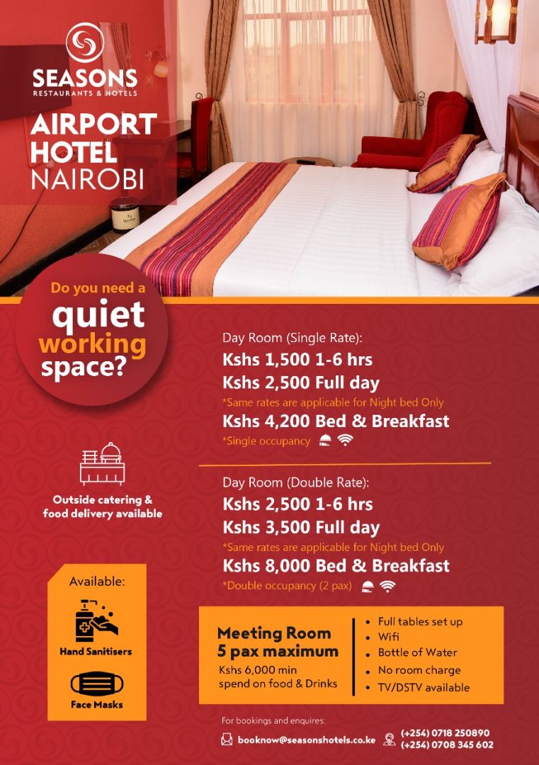 _Seasonshotels's tweet image. Need a quiet space? Where you can even watch football while taking a break? We have a sweet deal for you at the Seasons Airport Hotel... #MeetInKenya
