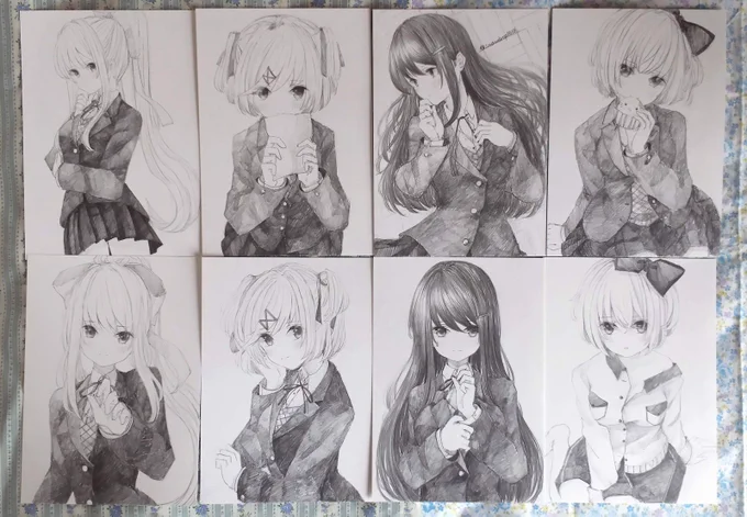 シャーペンで描いたドキドキ文芸部の子達を並べて撮ってみました!
いっぱい描けて楽しかった～、また描きたい!
#DDLC 