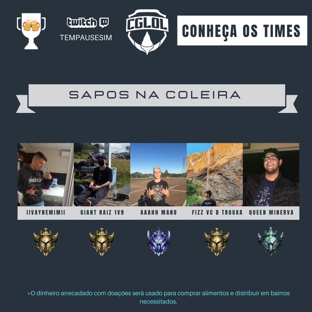 cgloloficial's tweet photo. É DIA DE EXPOSED.........

Das line-ups do #CGLOL.

O sexto time é o Sapos na Coleira, do grupo B, que herdou uma vaga de última hora.

TOP - ||VayneMim||
JG - Giant Raiz 1v9
MID - fizz vc d trouxa
ADC - aaahh mano
SUP - Queen Minerva

#GoSNC https://t.co/MVuGduB3GD