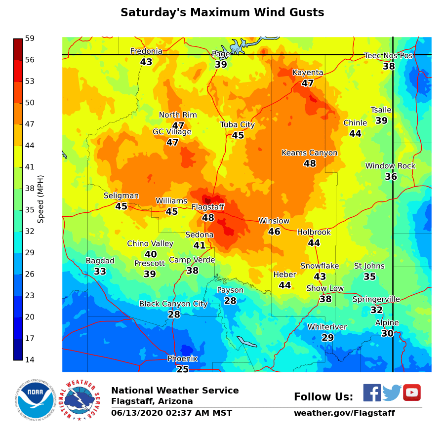 NWSFlagstaff's tweet photo. Strong wind and low humidity will create dangerous fire weather conditions today over much of northern Arizona.  Any fire that starts will have the potential to spread rapidly. #azwx https://t.co/5yaSTT5KXm