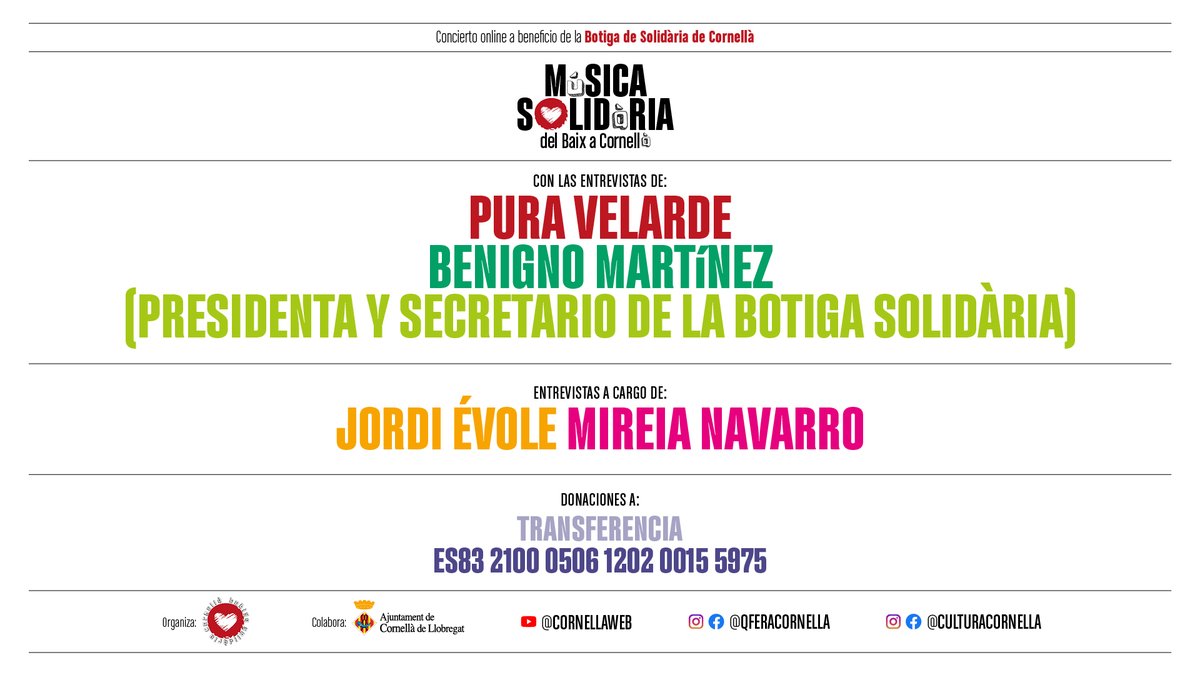 ConcertCornella's tweet photo. Llegó el gran día!!
20:00 https://t.co/10t08xGCiL

Actuaciones de: @estopaoficial @NilMoliner @mikinunez @nerearoficial @carlos_right @RuthJoveMusic
Participación de: @rosalia @Aitanax @alfredgarcia
 
Colabora con la Botiga Solidària: transferencia a ES83 2100 0506 1202 0015 5975 https://t.co/Rai401jsAt
