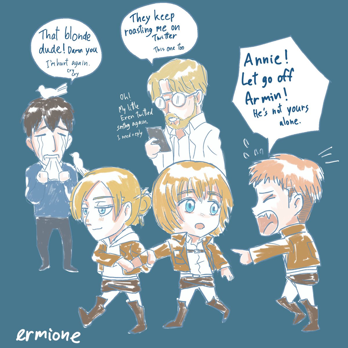 ermioney's tweet photo. Since someone asked me for the translation so...Here you go.
Now the #ผ่าพิภพทวิตเตอร์ or #attackontwitter is so trending in Thai SNK fandom. So this art is the conclusion of the posts related to Aruani.
Sorry if I flood your TL with so many Thai stuff recently. 😂 https://t.co/nj1QMZ76d0