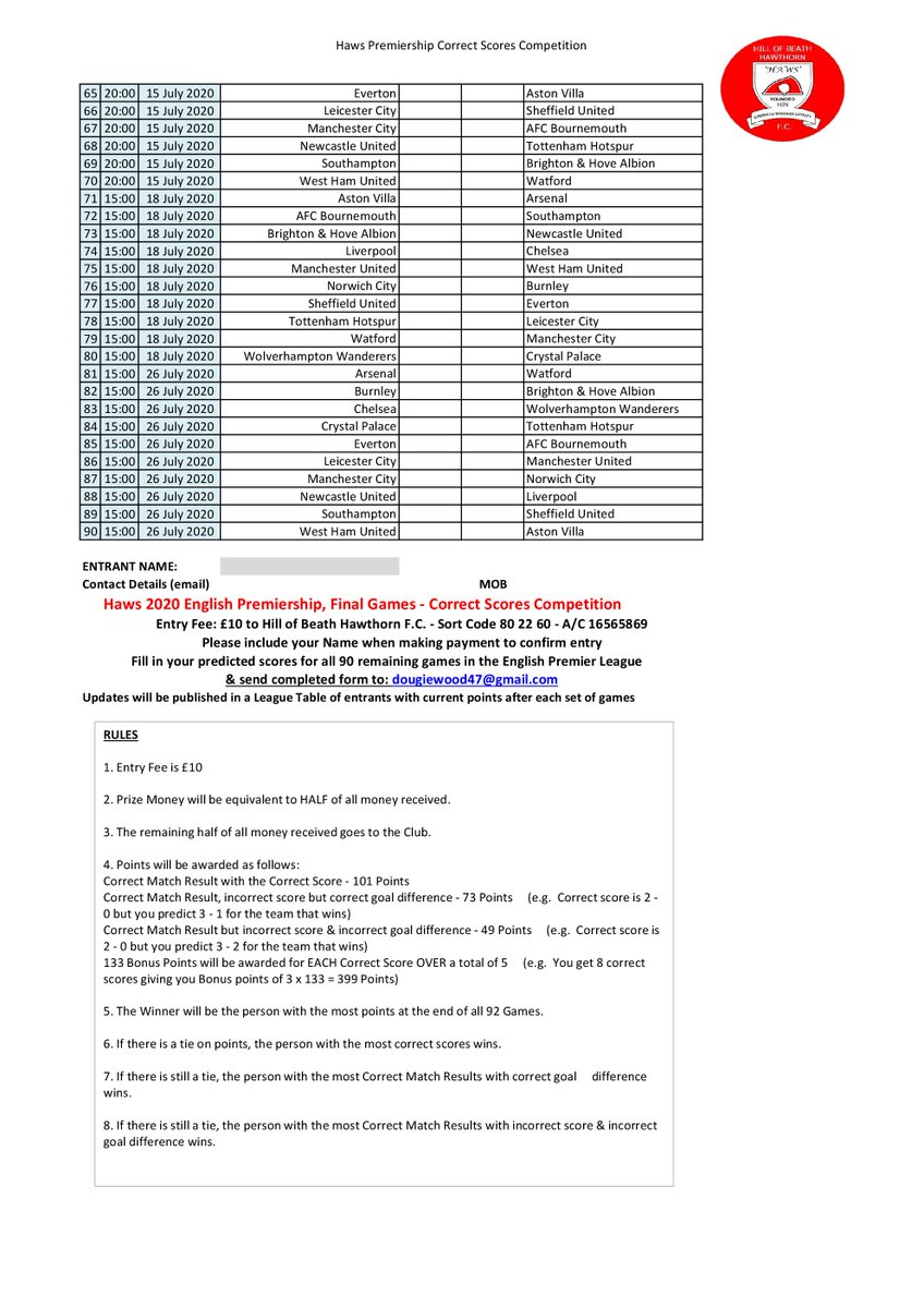 FOOTBALL IS BACK - The Haws "Premiership - 90" correct scores competition....