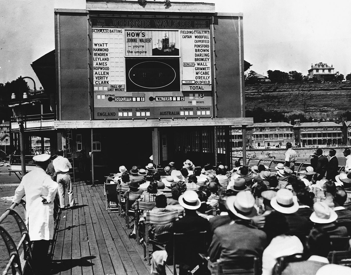 PictureSporting's tweet image. In the days before TV or even radio coverage of Test cricket, keeping up with the score was difficult. In July 1934 these holidaymakers on the Isle of Wight followed play from Old Trafford on a giant scoreboard on the pier. Similar scenes were common across the country