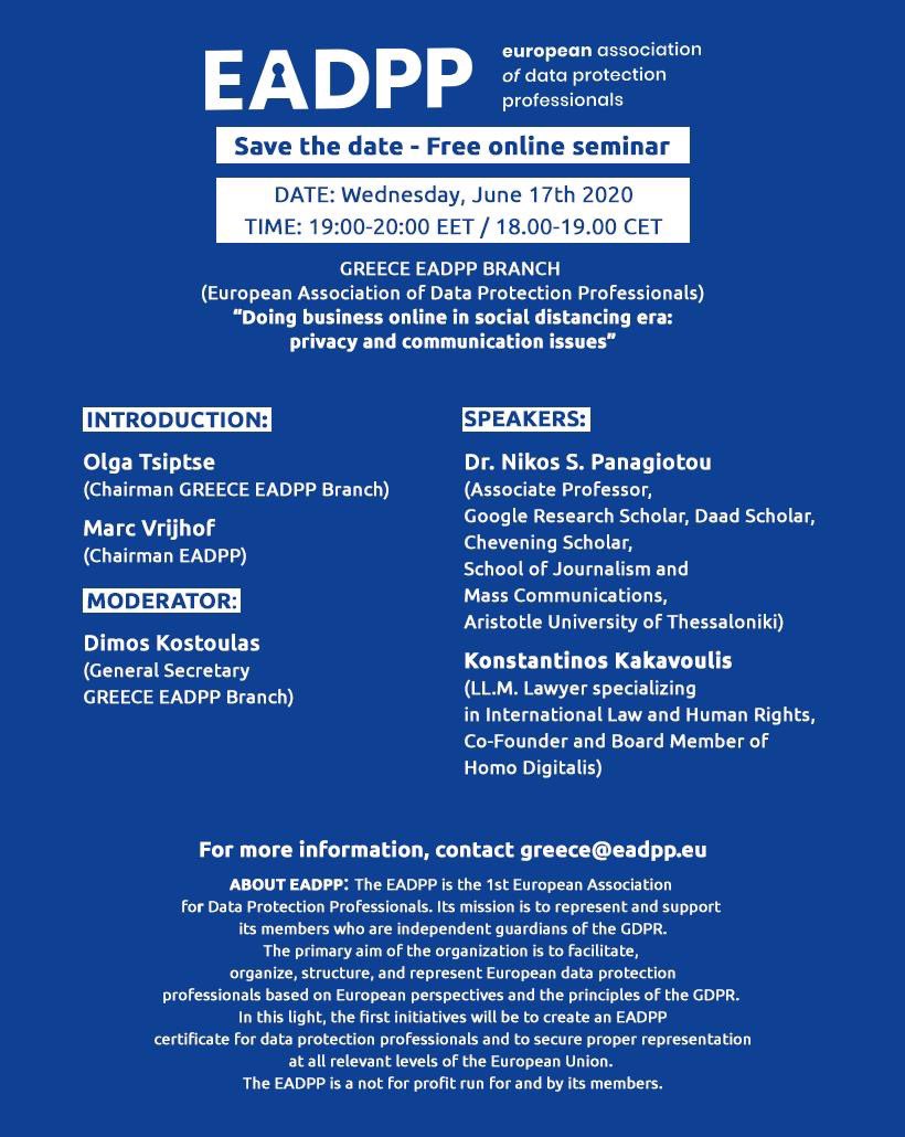 EADPPCY's tweet photo. The Greek Branch of #Eadpp  (European Association of Data Protection Professionals) hosts its first webinar on June 17th 2020! https://t.co/u6n4yVwSnR