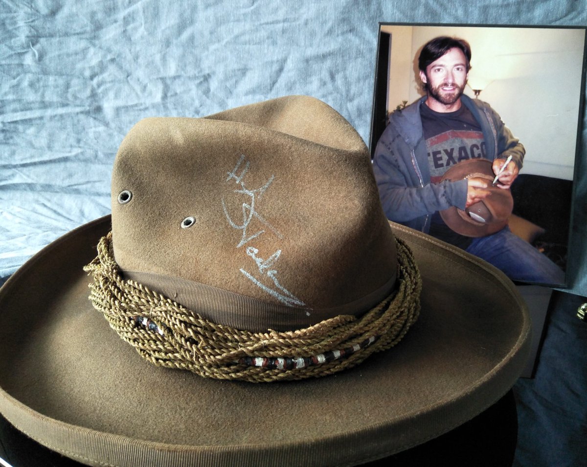 ShowreelR's tweet photo. Hugh Jackman's Custom Akubra hat worn by Jackman in the role of "Drover" in the Baz Luhrmann epic "Australia" (2008). Hand signed #BazLuhrmann #HughJackman #NicoleKidman #ScreenUsed #ScreenWorn #Australia #Akubra #Drover HandSigned #MovieProp #FilmProp https://t.co/NQaNkSvKdz https://t.co/qx2YtyMXVd