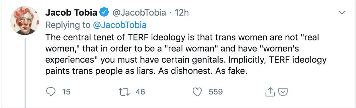 4. What you call TERF ideology is SECOND WAVE FEMINISM. An entire tradition of women's thinking which was developed to explain the oppression of female people for the purposes of our OWN liberation.That you think you can rename women's liberation thinking around the single axis