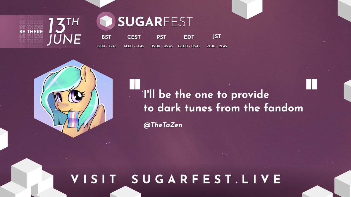 AStateOfSugar's tweet photo. Meet our performers! @TheTaZen is going to treat your speakers with dark tunes! And you really can't miss her blowing them up! 👀

Are you ready for #SugarFest?
👉JOIN EVENT https://t.co/0w3WODHFph
👉STREAM https://t.co/rXENPg2XVc 
BETHERE BETHERE BETHERE BETHERE #brony #mlp https://t.co/Pq9kr9cxtx