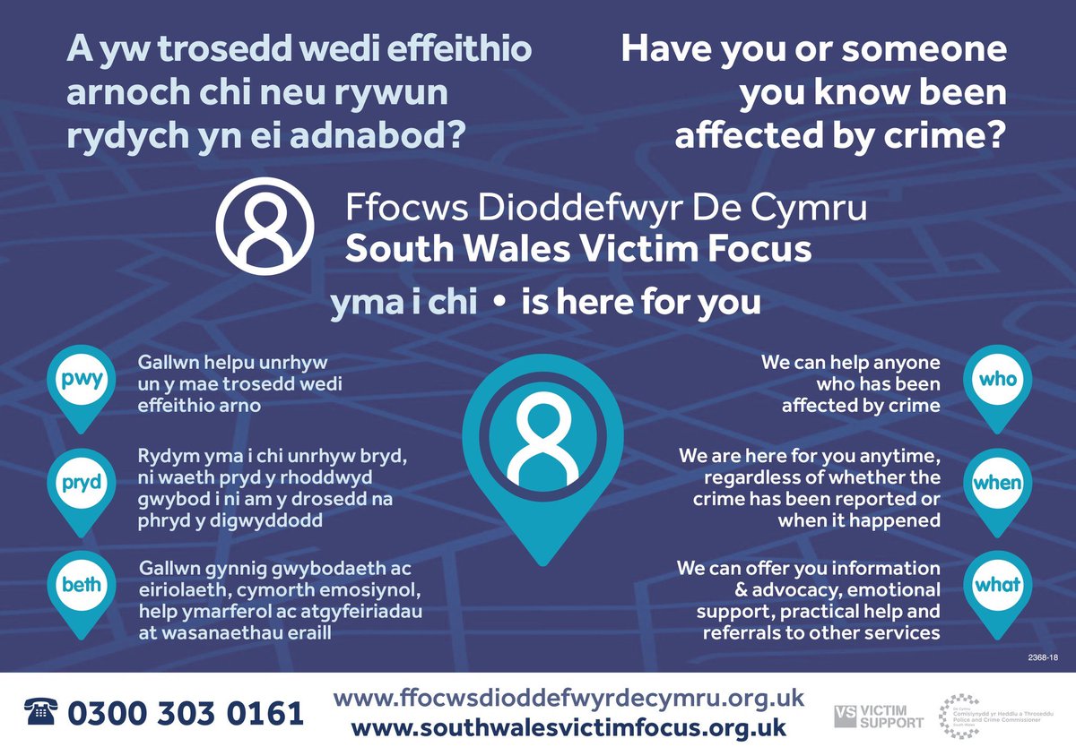 swpolice's tweet photo. Have been affected by crime?
Whether you were a victim or not South Wales Victim Focus provides free advice and support.
#SWVF #VictimFocus ^sf ๐๐https://t.co/U7OOGJee8L https://t.co/lywdm33wNf