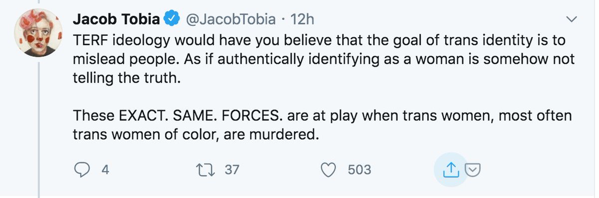 6. We actually have very little to say about the *goal* of trans identity . We're interested in what your movement does *to us and our thought.* I see TRAs claim that we are saying trans people are not *real* women FAR more often than I see women saying it. What I see women say