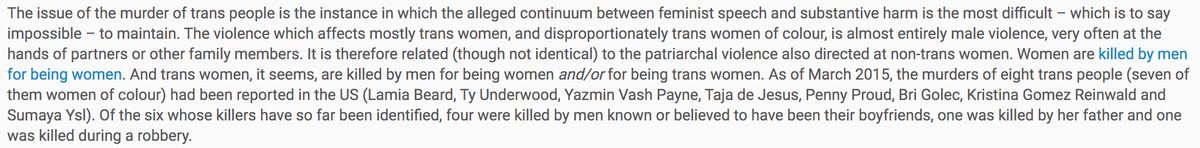 I did look at this claim in more detail back in 2015, and the specifics of the cases of the murder of the Black trans women in the US in that year, didn't bear it out. https://www.troubleandstrife.org/new-articles/you-are-killing-me/