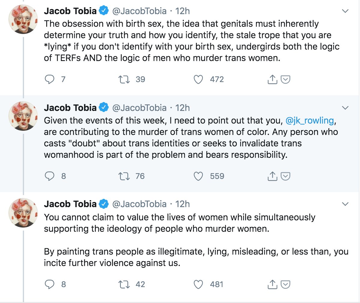10. That's all we're gonna get of the 'argument' about why female ppl asserting their existence causes men to kill trans women.It doesn't bear the remotest scrutiny.But don't that stop you using it to spend 6 tweets emotionally blackmailing women in the most hyperbolic terms.