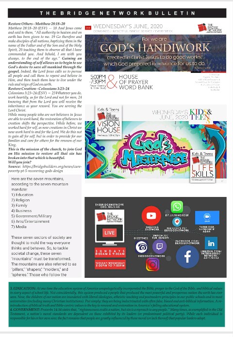 dbridgenetwork1's tweet photo. @Softsteel @ayobummy @tajayiope @pacqueens @AdekunleOmisor2 @segunakredot @seanpizzy @UnclesamTBN @Emekaossai @biodunmakinde The Bridge Network, Bulletin 14th June, 2020. Have a great Sunday and week ahead. 
#TBN #OutstandingLife&amp;ServiceTransformingOurWorld https://t.co/lRiDHdR58N