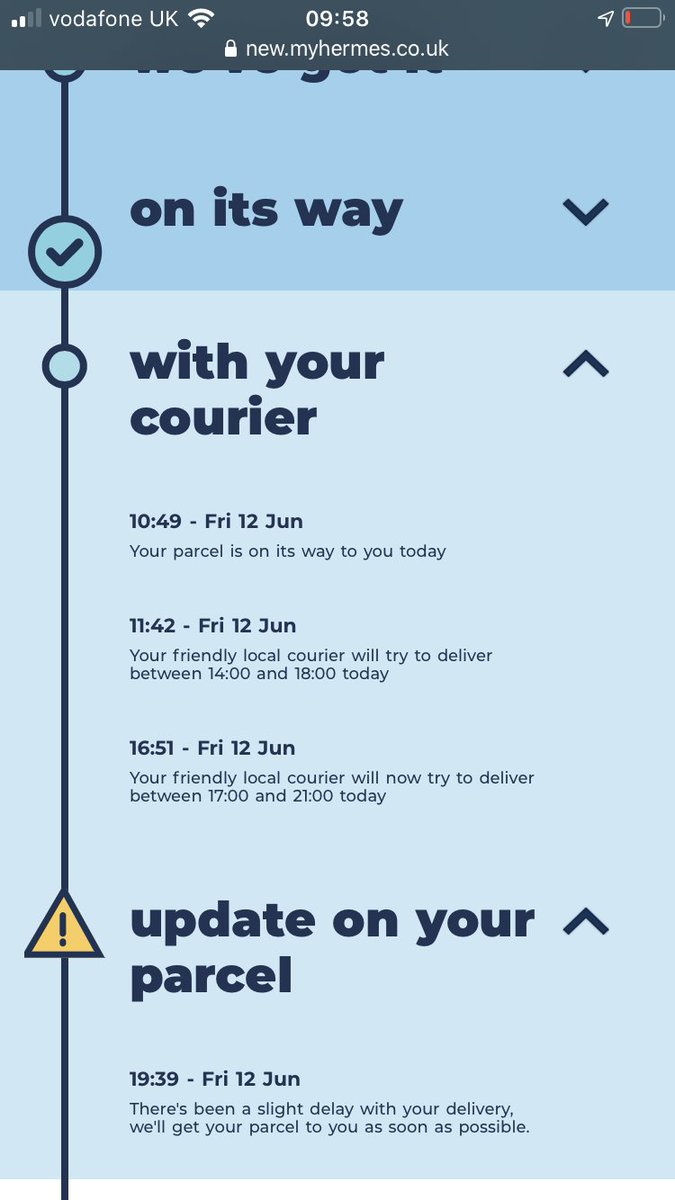 Usual quality service from Hermes for a parcel that was meant to be delivered on Monday. @Hermesparcels do you want to just admit that it’s lost ffs. Excuse after bloody excuse, and because you have shut all portals for customer service I can’t even try to resolve the issue. 👏🏻👏🏻