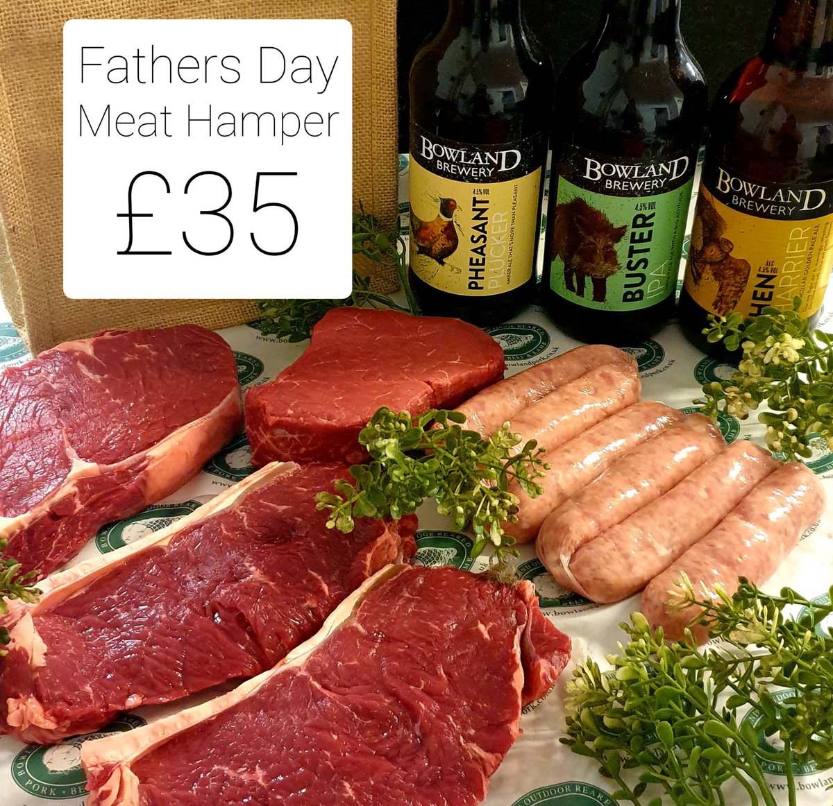 Treat your father on  #fathersday with a lovely "Meat &amp; Beer Hamper" 🥰🥩
We have put together a selection of our finest cuts of Steaks, Award Winning Sausage &amp; a few bottles of the best local Bowland Beer!
Order via our website 
bowlandpork.co.uk 
<a href="/BowlandBrewery/">Bowland Brewery</a>