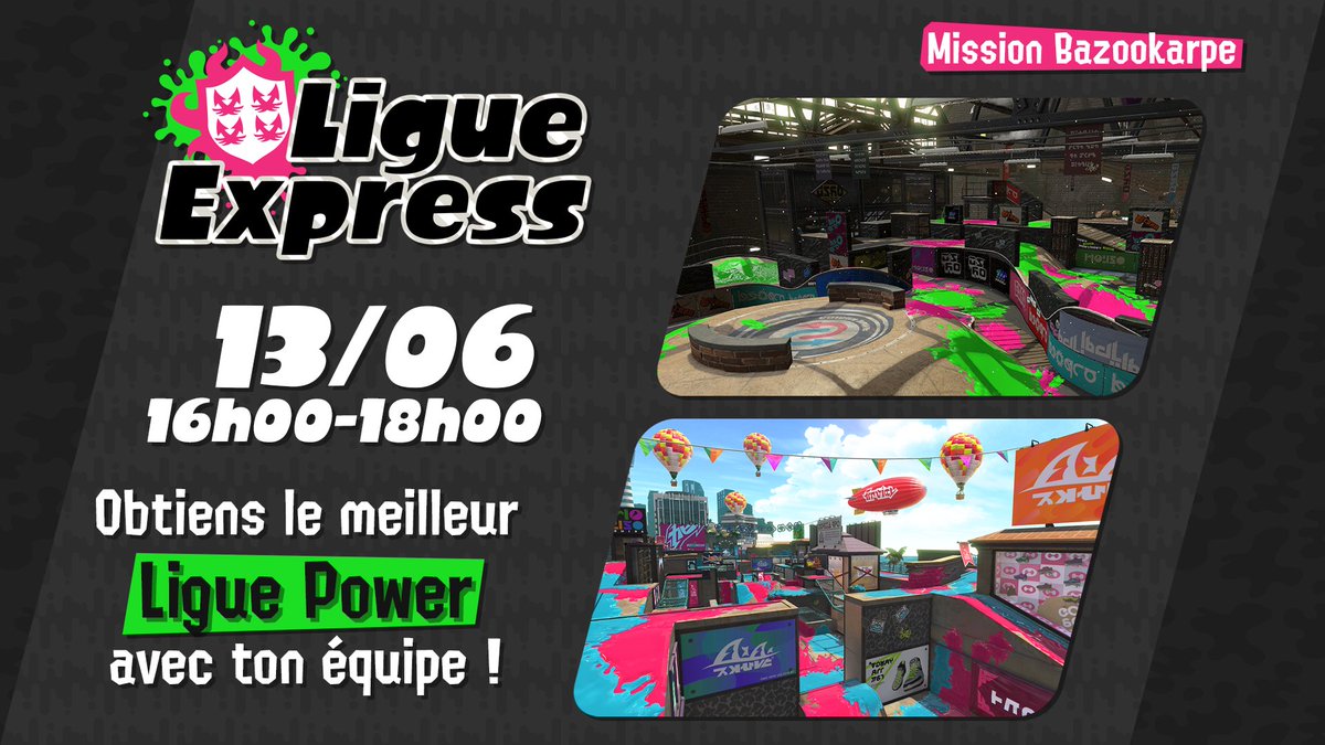 Splatoon_FRA's tweet photo. La #LigueExpress c'est aujourd'hui de 16h à 18h ! 
Etes-vous prêts à porter le Bazookarpe sur le Centre Arowana et la Piste Méroule ? 🐠

Pour participer, c'est par ici ➡️ https://t.co/STWe4cGROG

On a hâte de voir vos exploits dans l'encre 💪 https://t.co/SyH2FWkHCd