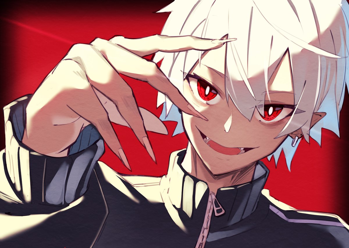 kuzuha (nijisanji) fingernails 1boy red eyes male focus long fingernails jacket sharp fingernails  illustration images