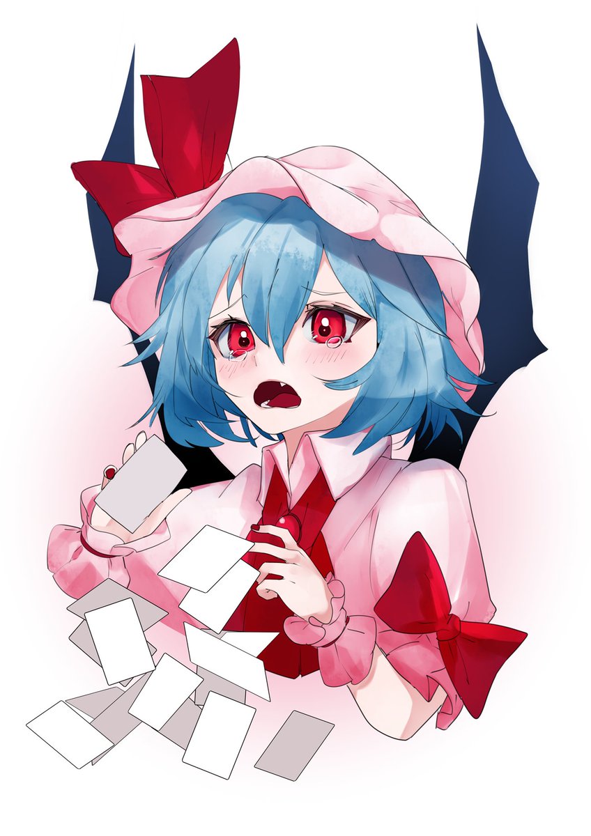 remilia scarlet 1girl hat solo red eyes blue hair wings mob cap  illustration images