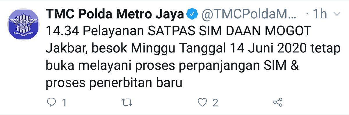 TMCPoldaMetro's tweet photo. 16.14 RALAT untuk pelayanan SIM keliling di SATPAS DAAN MOGOT Jakbar besok Minggu Tanggal 14 Juni 2020 tetap buka melayani proses perpanjangan SIM https://t.co/i4TDLYffdR