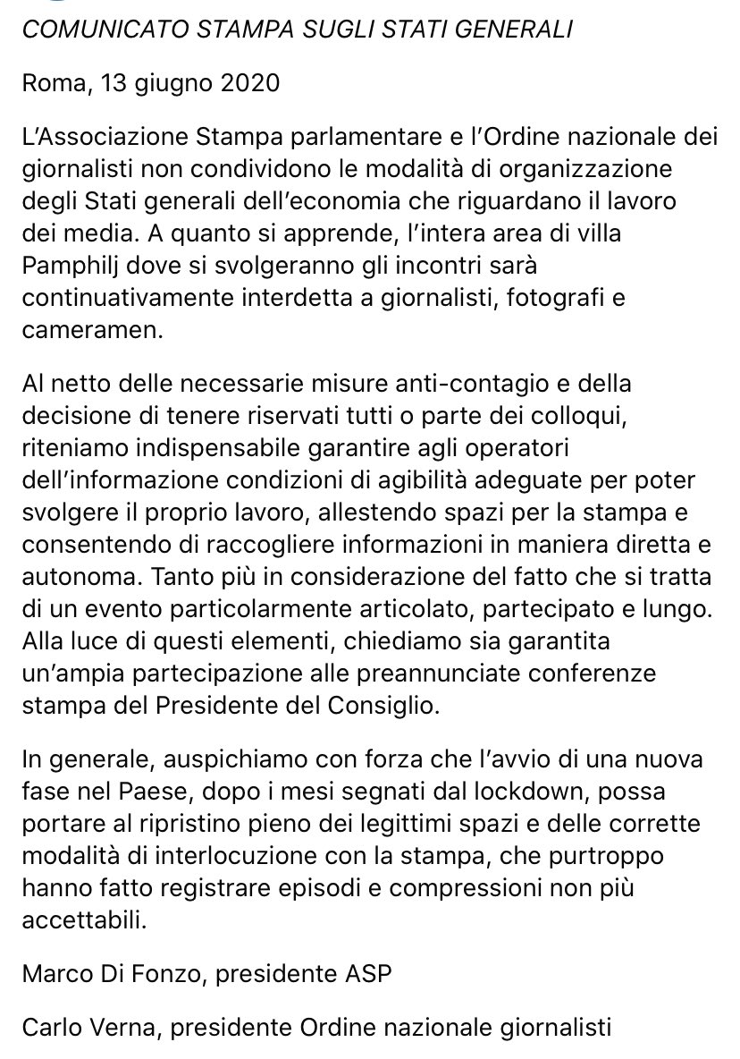 “Il governo garantisca ai media condizioni di lavoro praticabili. Basta con episodi e compressioni non più accettabili”. Ecco il comunicato congiunto di Asp e Odg #StatiGenerali