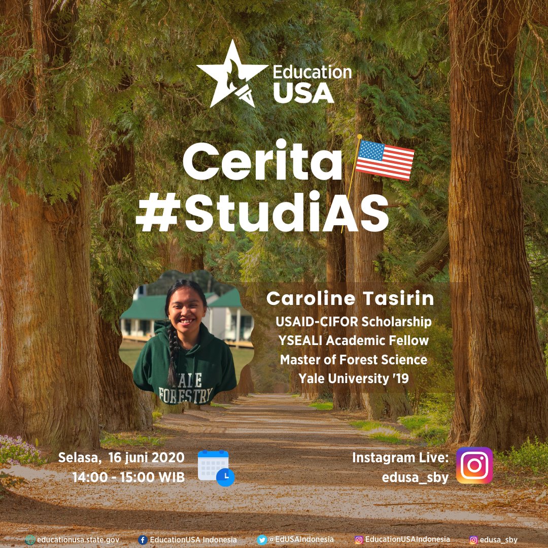 EdUSAIndonesia's tweet photo. Tertarik belajar kehutanan? Ayo simak Cerita #StudiAS Caroline Tasirin di IG Live @edusa_sby hari Selasa, 16 Juni, pukul 14:00 - 15:00 WIB. Caroline adalah #AlumniAS lulusan @Yale dalam program Master of Forest Science lewat beasiswa @USAID CIFOR.
#EducationUSA https://t.co/ZApjTbd1ae