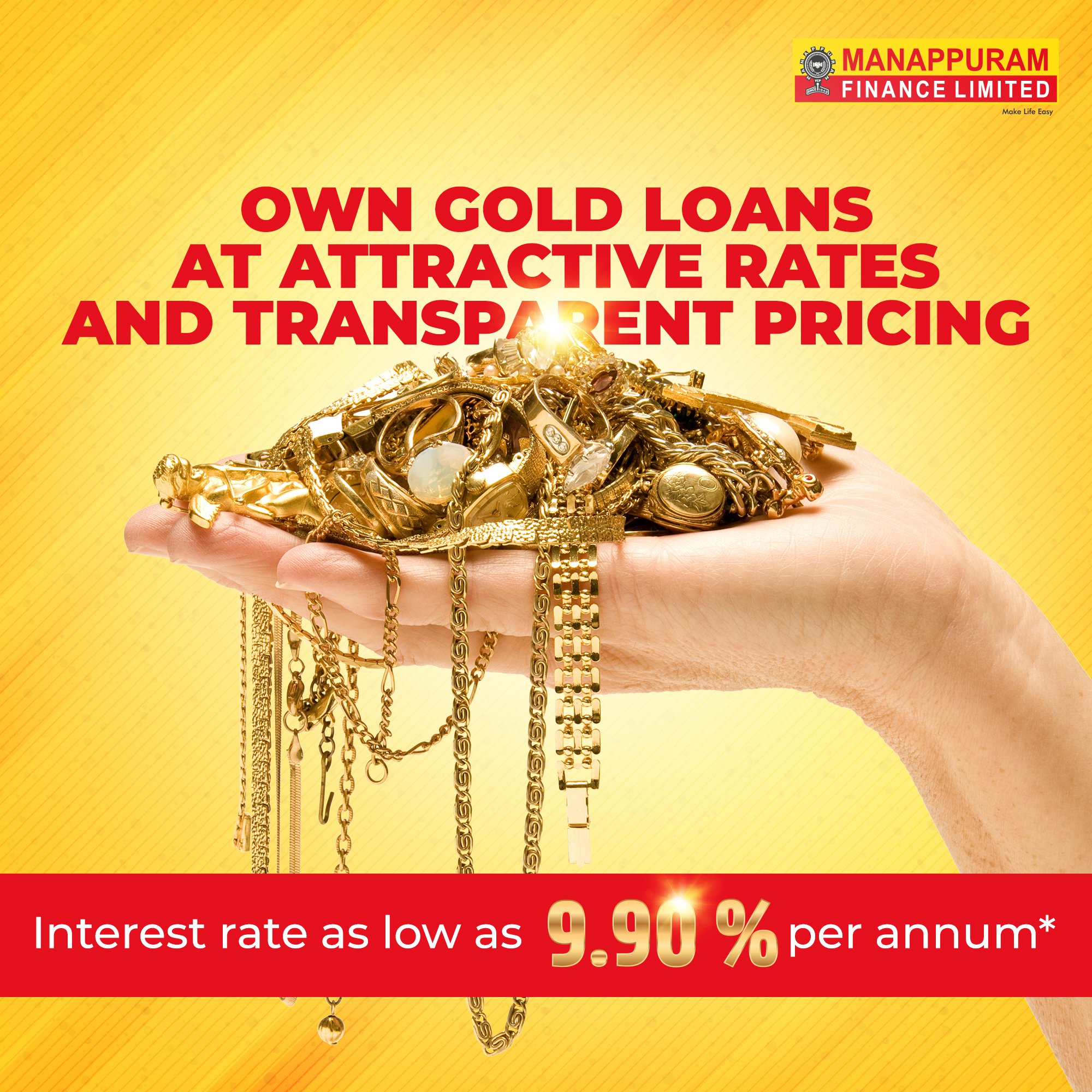 Manappuram Finance on X Manappuram Finance brings you the power of gold. Get gold loans at interest rates as low as 9.90 p.a with no hidden charges. Now access gold loans from