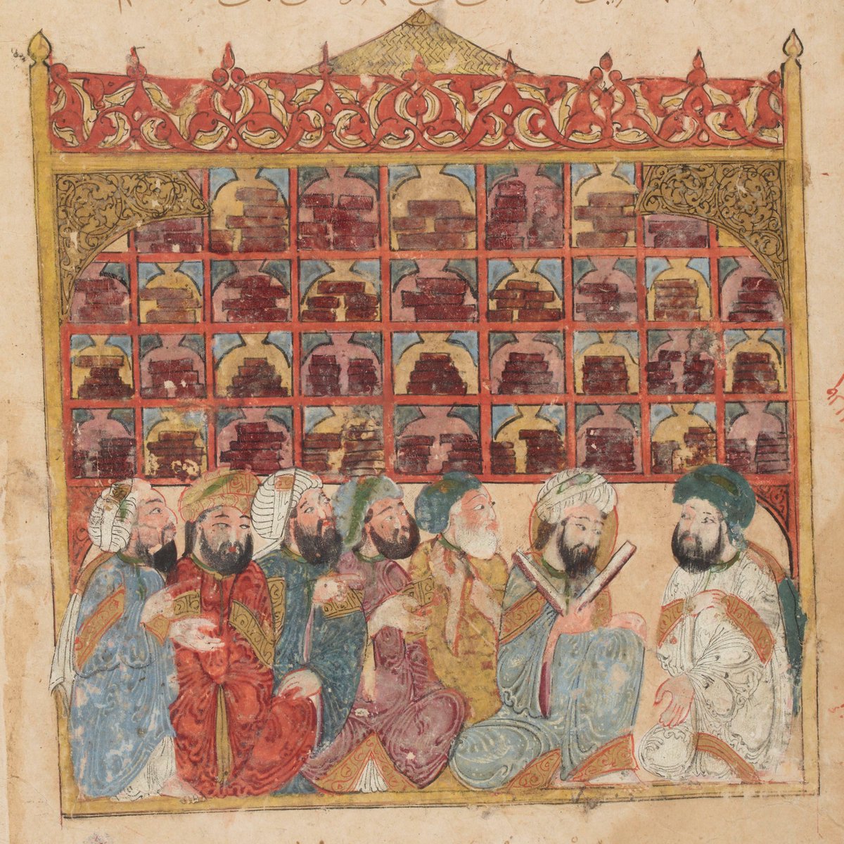 VanessaDesclaux's tweet photo. 📚Le #manuscrit est très connu car il contient une des rares représentations de #bibliothèques du monde arabe avec la visite d'Abu Zayd à #Basra #Irak.
✍️Les 99 miniatures évoquent beaucoup de détails de la vie quotidienne à l’époque #abbasside, comme la dictée d’une lettre.⤵️ https://t.co/9wFQJbz71l