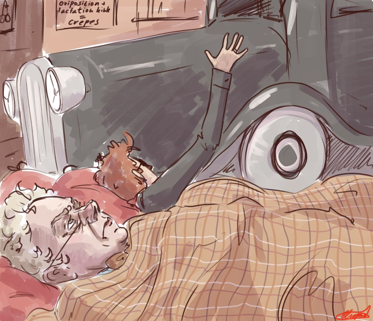 Cliopadraart's tweet photo. Ah yes. Me. My Husband. And his £200 000 Queen obsessed 1933 Bentley. 
#GoodOmens #GoodOmensFanArt #ineffablehusbands 
(meme's a little old but I only just remembered that I doodled this, so...) https://t.co/wlTaKcx7NI
