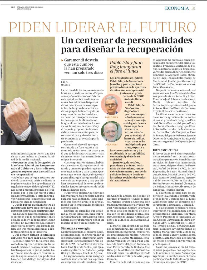 CEOE_ES's tweet photo. 🗞 Este sábado @abc_es anuncia en su portada la Cumbre Empresarial 'Empresas españolas liderando el futuro' organizada por @CEOE_ES 

➡"Estamos aquí para empujar la #recuperación de España"

Incluye una entrevista al pte de CEOE @agaramendil sobre este foro "histórico" 👇👇 https://t.co/zq2YRp2YK3