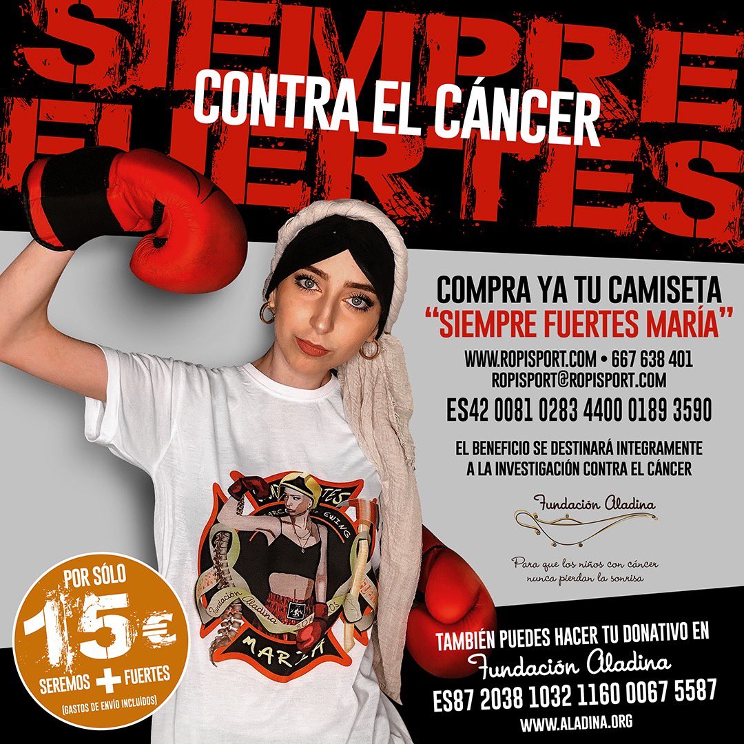 María es el mayor ejemplo que conozco de ilusión, coraje y amar la vida. Un grupo de bomberos inspirados por su bravura, han puesto a la venta estas preciosas camisetas y todos los donativos recibidos serán para <a href="/FundAladina/">Fundación Aladina</a> Os animo mucho a apoyar la iniciativa. #SiempreFuertes