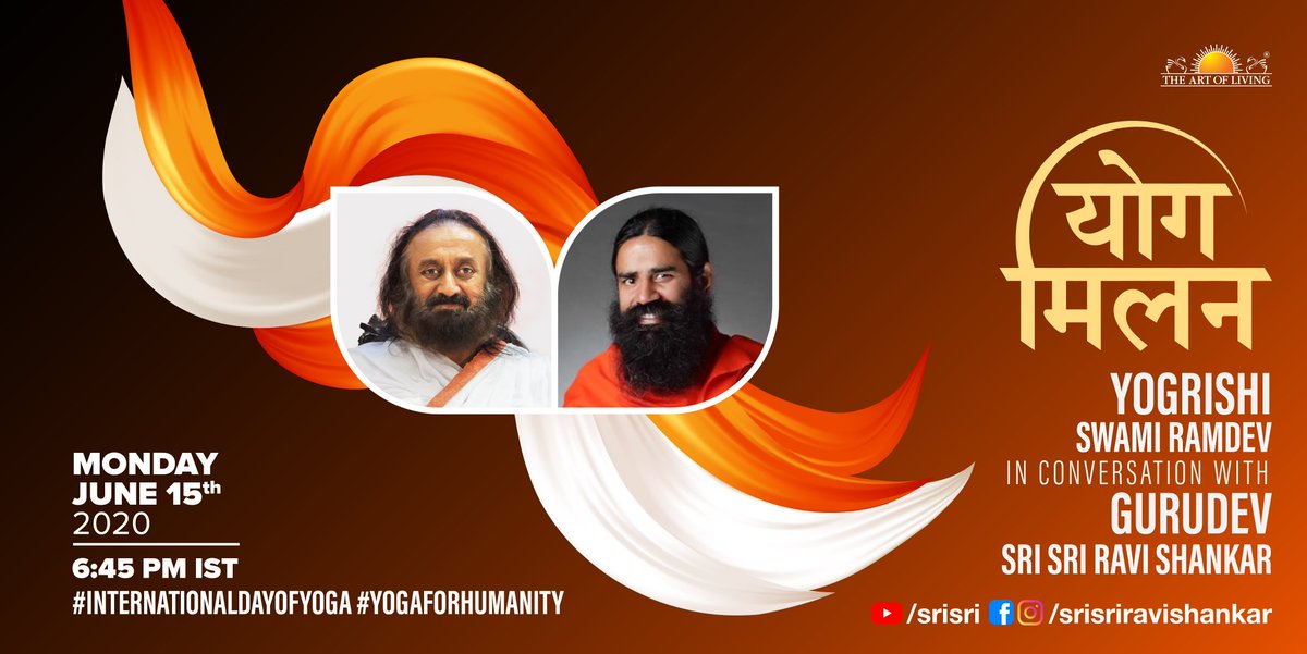 ArtofLiving's tweet photo. Save the date! This June 15th, join us for an epic conversation with Yoga legends! @yogrishiramdev live in conversation with Gurudev @SriSri. 
#InternationalDayOfYoga #YogaForHumanity https://t.co/mtdgtbGd5g