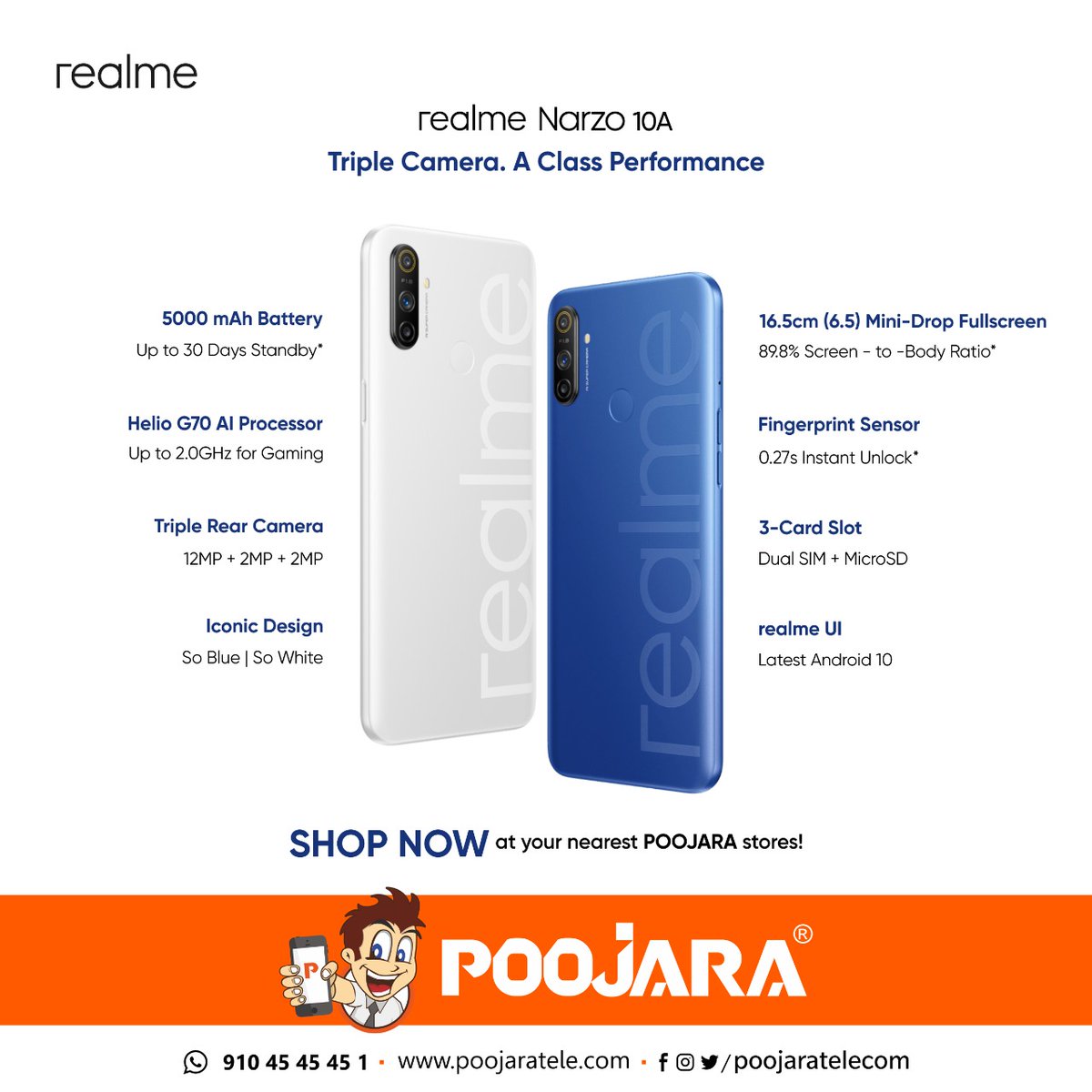 PoojaraTelecom's tweet photo. Let's Experience the #ClassPerformance with #RealChoice!!
The all new #realmenarzo10A with 16.5cm Mini-drop Fullscreen for Expand Your Vision,AI Triple Rear camera,Helio G70 Processor! Available Now at your Nearest POOJARA Stores! #realme #PoojaraTelecom https://t.co/dNkxbDaPNT