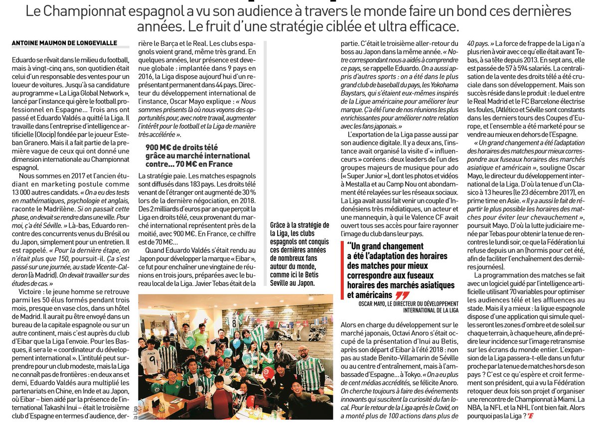 🇫🇷 "LaLiga et ses clubs ont conquis le monde".

Algo se estará haciendo bien en LaLiga, cuando un referente como <a href="/lequipe/">L'Équipe</a> te dedica páginas en papel y un destacado espacio online para explicar tu proyecto internacional lequipe.fr/Football/Artic… #RevoilàLaLiga #BackToWin