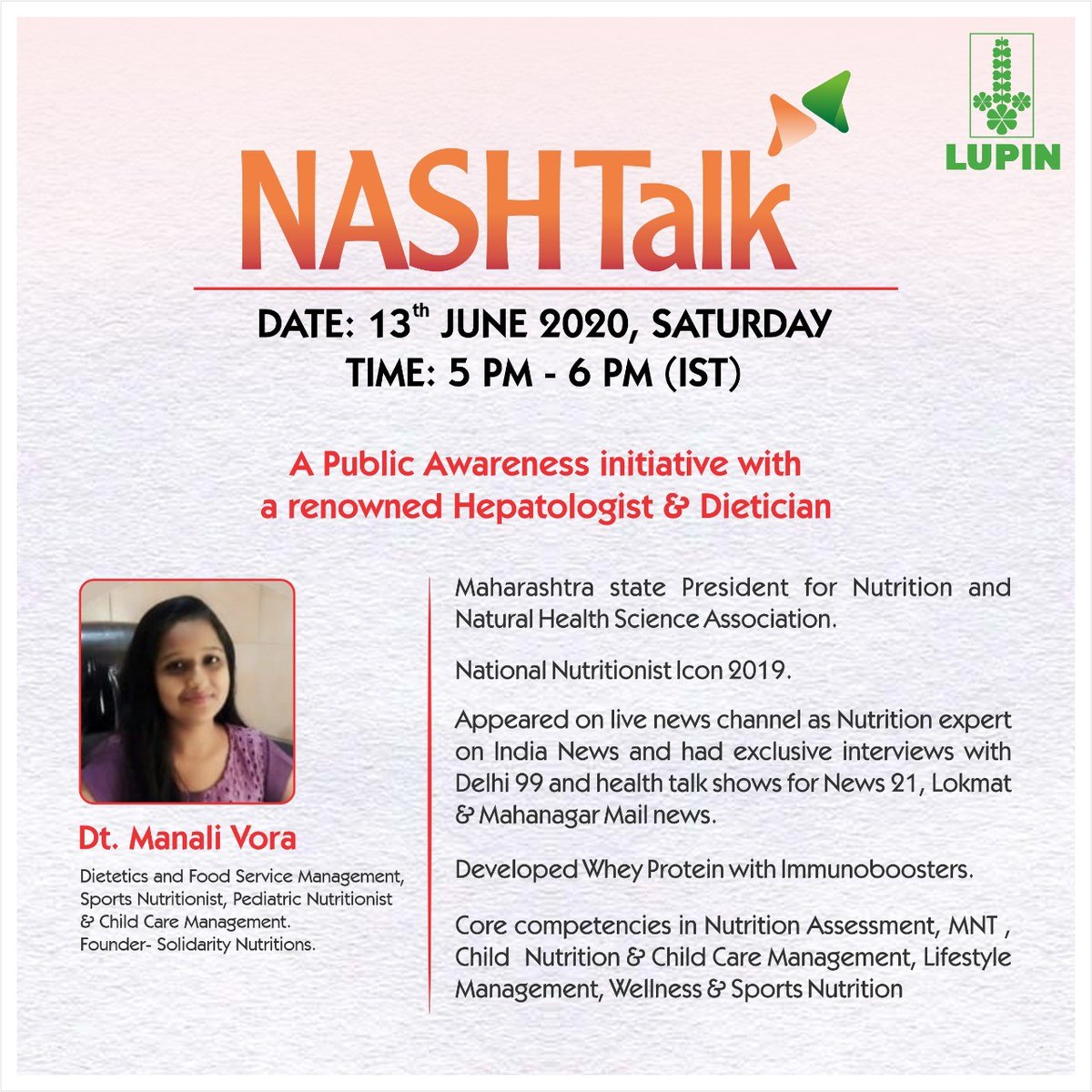 LupinIndia's tweet photo. Do register and join the session on https://t.co/tg4H9RbWWb or join the #FacebookLive on https://t.co/fAJVcb10aU.
Join us today, 13th June, 5 PM onwards.
#NASHday2020 #NASHday #InternationalNASHDay #FattyLiverDisease #Lupin #StayHealthy #HealthyLiving https://t.co/3L6BFV9S8c