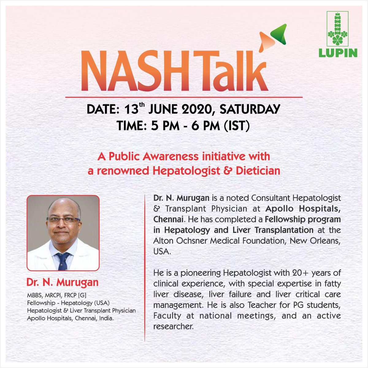 LupinIndia's tweet photo. Do register and join the session on https://t.co/tg4H9RbWWb or join the #FacebookLive on https://t.co/fAJVcb10aU.
Join us today, 13th June, 5 PM onwards.
#NASHday2020 #NASHday #InternationalNASHDay #FattyLiverDisease #Lupin #StayHealthy #HealthyLiving https://t.co/3L6BFV9S8c
