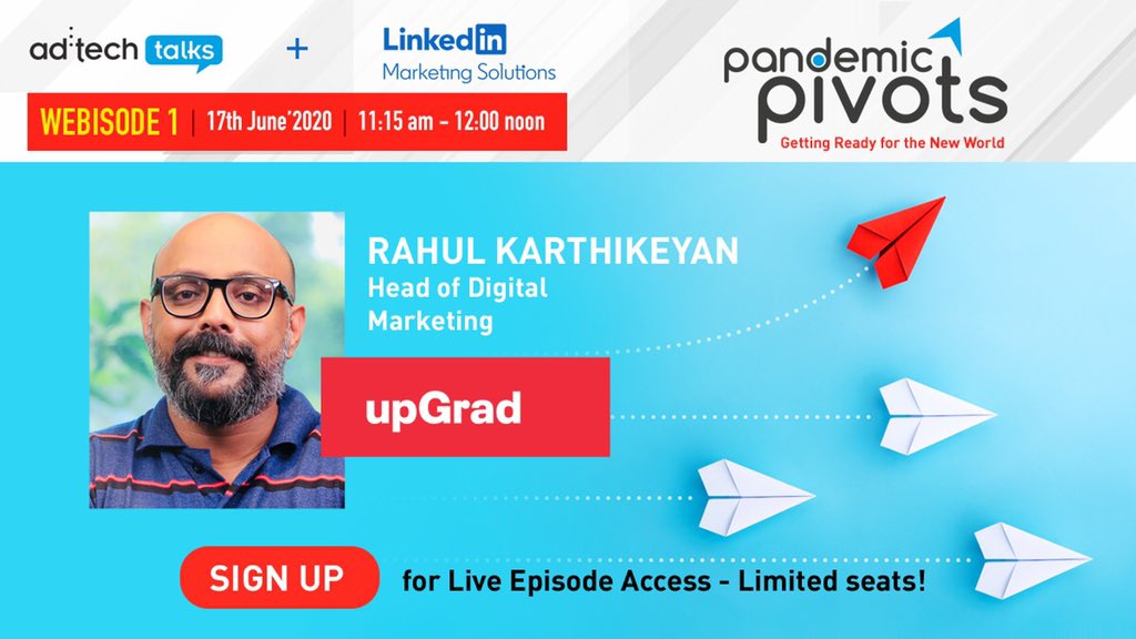 adtechIndia's tweet photo. Hear the pivot story of largest online higher education company, @upGrad_edu by Rahul Karthikeyan
Learn how they created an ethos of #onlinelearning & #upskilling during this lockdown
Sign up here - https://t.co/TIsUZi9btK
#adtechin #adtechtalks #WeAreComexposium #pandemicpivots https://t.co/NTjv7K0RZg