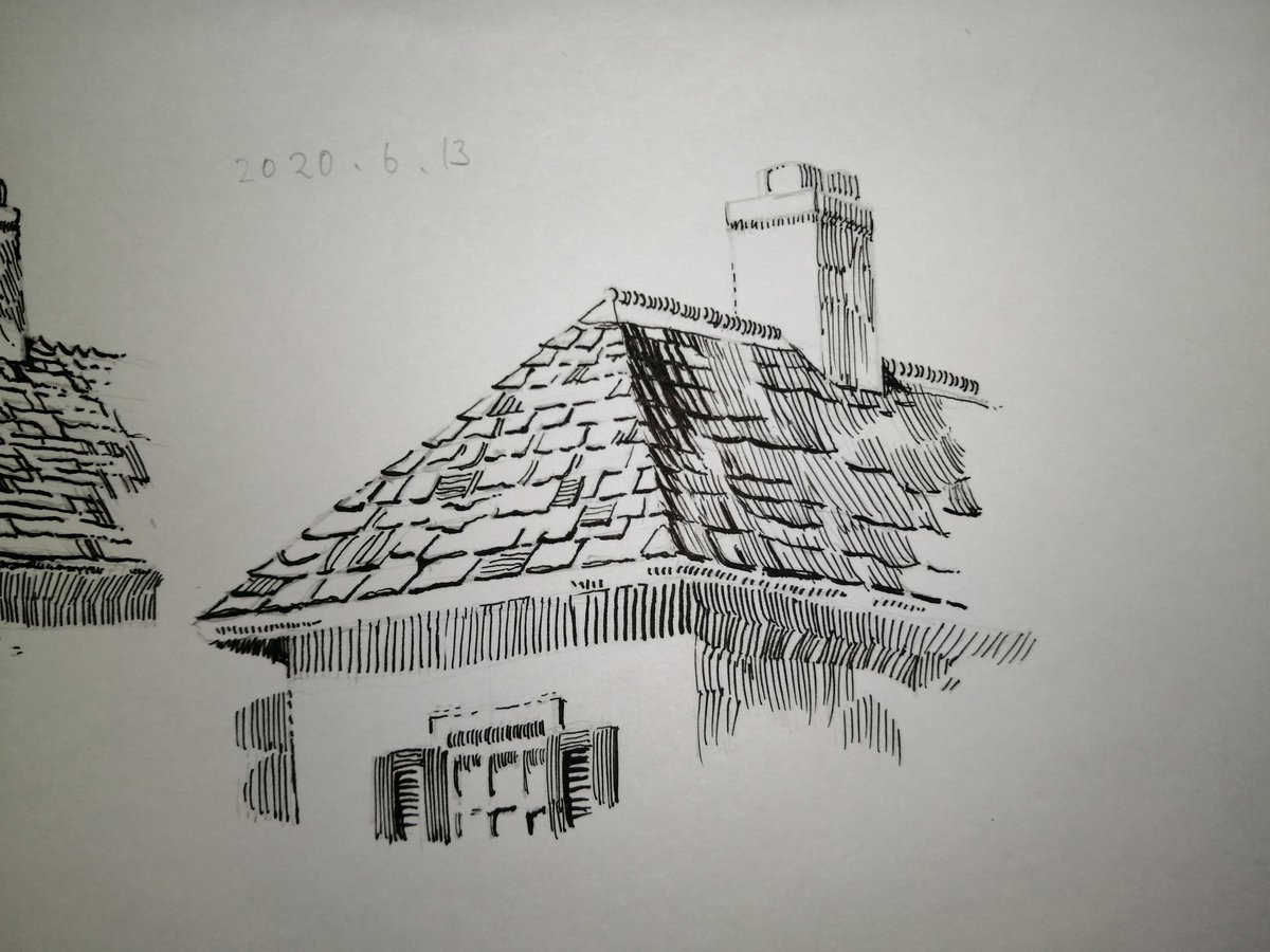 ぽのぽの 6 13 0164 365 Gペン タチカワ 気付き 今回も再度 スレートの屋根 今回も面に平行に線を引き 一目ごと見て描くこけらより大きく 色みや破片の向きがある 側面が2度描きで紙が削れ 太くなりすぎた ペンの扱いに気を付ける ぽの
