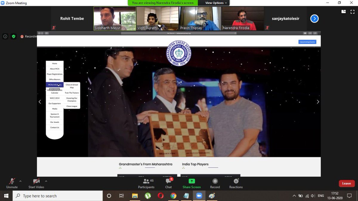 MahaChess's tweet photo. Thank you GM @viditchess #GMPravinThipsey for officially launching MCA website.
We look forward to bringing #DigitalPlatform where players & chess lovers can interact, get information & play. Our effort to #CheckMateCorona
Please visit https://t.co/PJflkhgMRg
#ChessFirst https://t.co/r0NyTOay9V