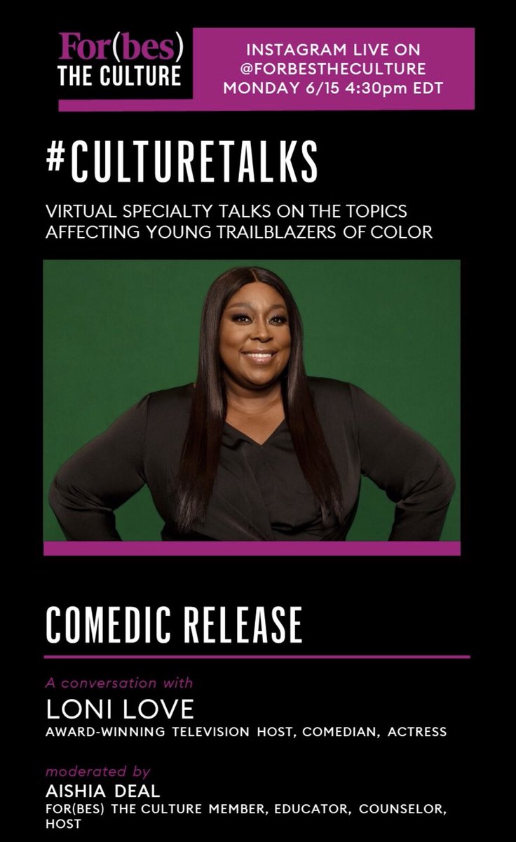 I’m so excited and honored to even be considered for this opportunity!
:
I’ll be live from @forbestheculture 
IG so make sure you follow to catch my conversation w/ @comiclonilove 
Monday June 15th @ 4:30 pm EST 
#ForbesMagzine #Forbes  #ForbesTheCulture #CultureTalks