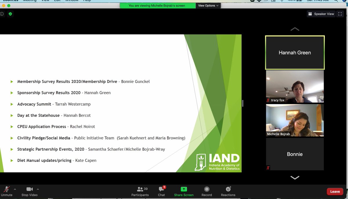 TracyFoxRD's tweet photo. Yes it's Saturday but enjoying my first @INDietitians BOD meeting - virtually! Nice to see such dedicated (remember - it is Saturday) RDs in the great Hoosier State! #IAND #HoosierRD https://t.co/jUndrZBv59