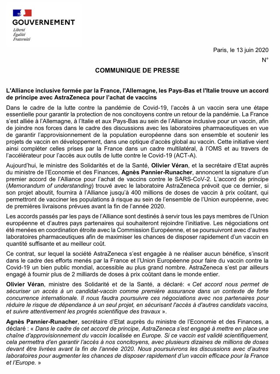 AgnesRunacher's tweet photo. Contre le #COVID19, l’accès à un vaccin sera une étape essentielle pour garantir la protection de tous contre un retour de la pandémie. 👉 Avec Olivier Véran, nous annonçons la signature d’un accord avec le laboratoire AstraZeneca pour l’achat de vaccins contre le SARS-CoV-2. https://t.co/gafrFoMzBx