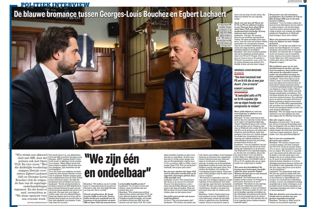 💬'Wie straks een akkoord sluit met Open Vld, doet dat meteen ook met MR. En vice versa. We verdedigen dezelfde waarden en zijn voortaan één en ondeelbaar.' 
<a href="/egbertlachaert/">Egbert Lachaert</a> en <a href="/GLBouchez/">Georges-L BOUCHEZ</a> over een plan België 2.0. 🇧🇪 vandaag samen in <a href="/Nieuwsblad_be/">Nieuwsblad.be</a> <a href="/MR_officiel/">MR</a>
