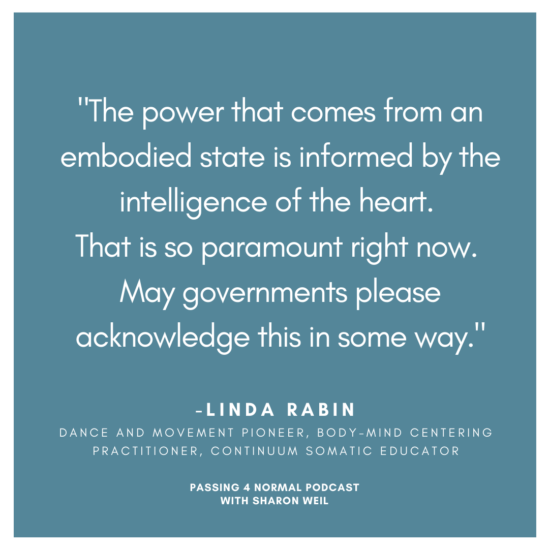 changeabilitybk's tweet photo. Linda Rabin, dance and movement pioneer, and Continuum somatic educator, talks about Leading from the Heart as a somatic practice that brings a feeling of wellbeing.  Listen to our conversation in the Passing 4 Normal Podcast. https://t.co/bRiBuapSnp #somatic #Wellbeing https://t.co/sXHEzuFFe3